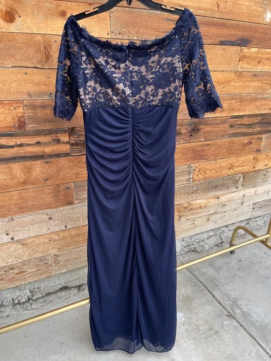 Betsy & Adam Navy Off-Shoulder Lace Evening Gown - Picture 5 of 5